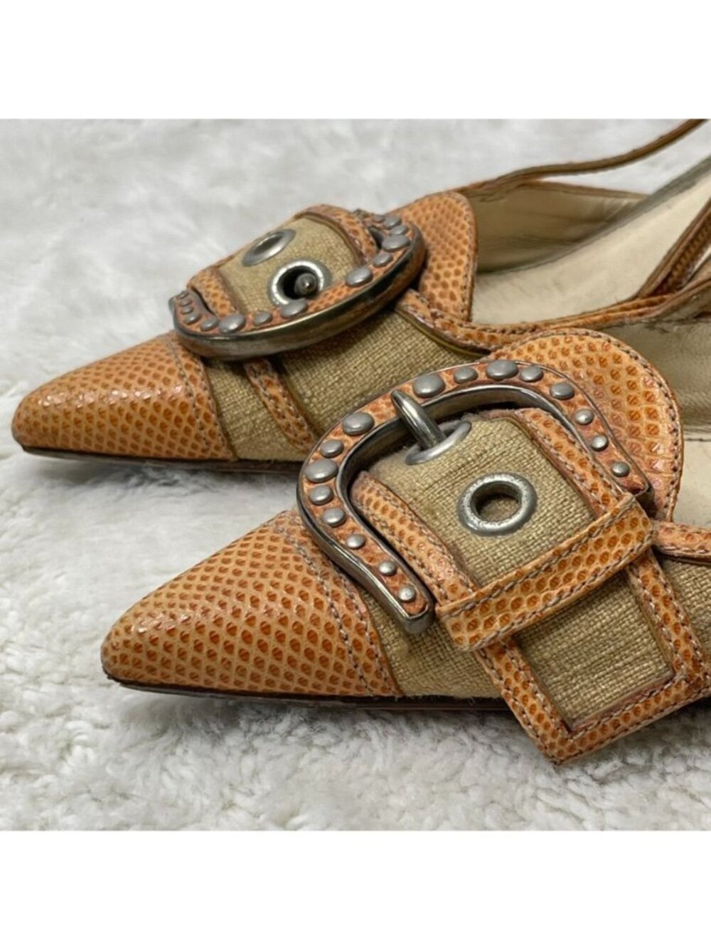 Vintage Prada Slingback Mules Size 36 Orange Snakeskin Leather Buckle Kitten Hee - Picture 4 of 15
